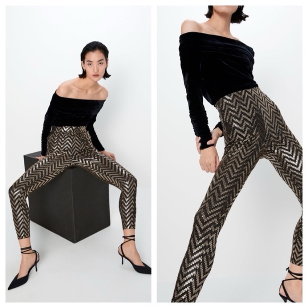 Zara Chevron Gold And Black High Waisted Sequin Leggings S NWT!